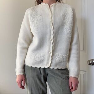 Vintage 70s Carol Brent White Embroidered Cardigan Sweater